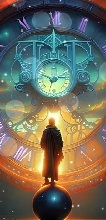 Illustration of a mystical clock in a scenic fantasy setting with vibrant colors.