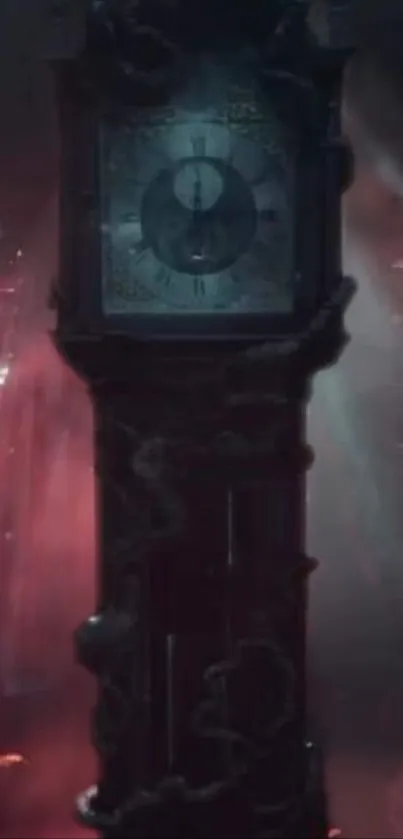 Mystical, dark clock tower wallpaper with enchanting red hues.