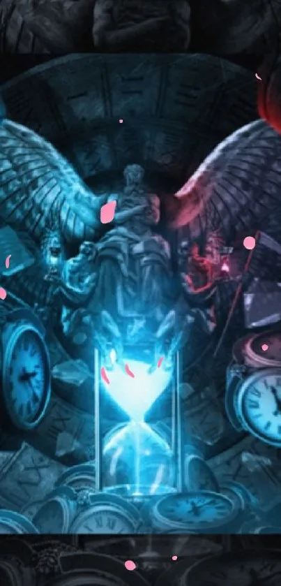 Mystical wallpaper with clocks, wings, and ethereal lights in dark cyan hues.