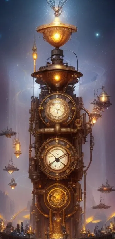 Steampunk clocktower with glowing lights on a starry night.