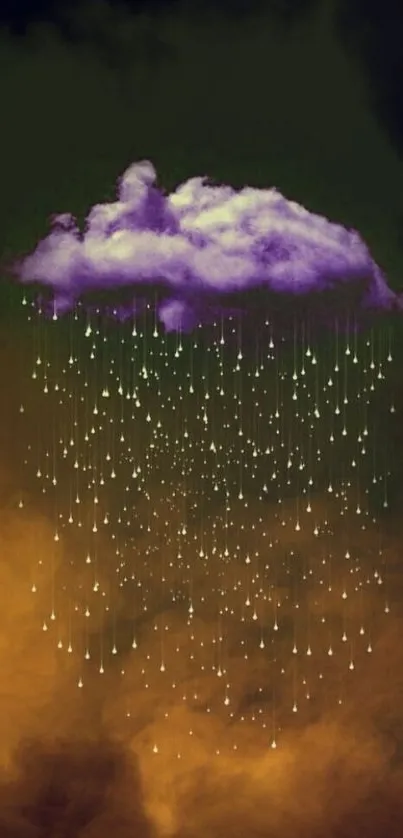 Vibrant purple cloud raining glowing drops on dark background.