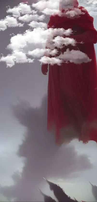 Cloaked figure amidst clouds and shadows, with a red hue.