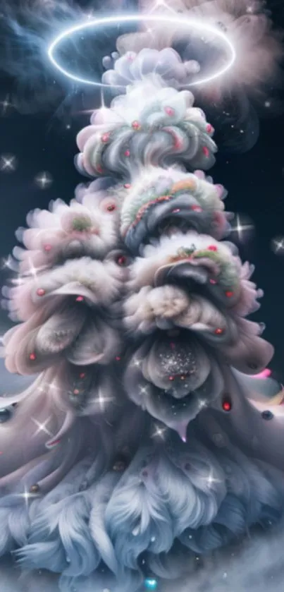 Ethereal cloud formation with glowing halo and soft swirls in a fantasy scene.