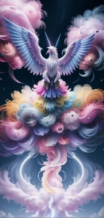 A mystical phoenix rises from vibrant clouds in a fantasy-themed phone wallpaper.