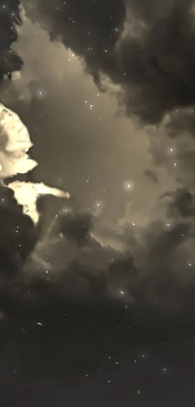 Mystical clouds and stars in dark night sky.