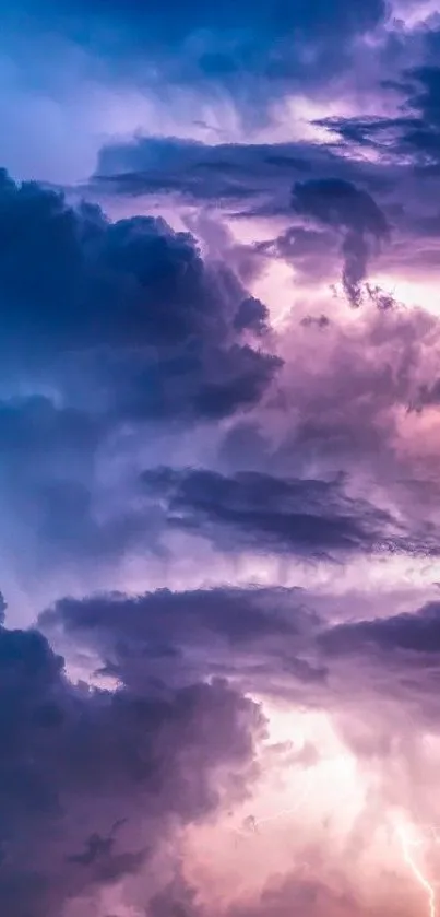 Dramatic stormy sky with purple clouds and lightning.