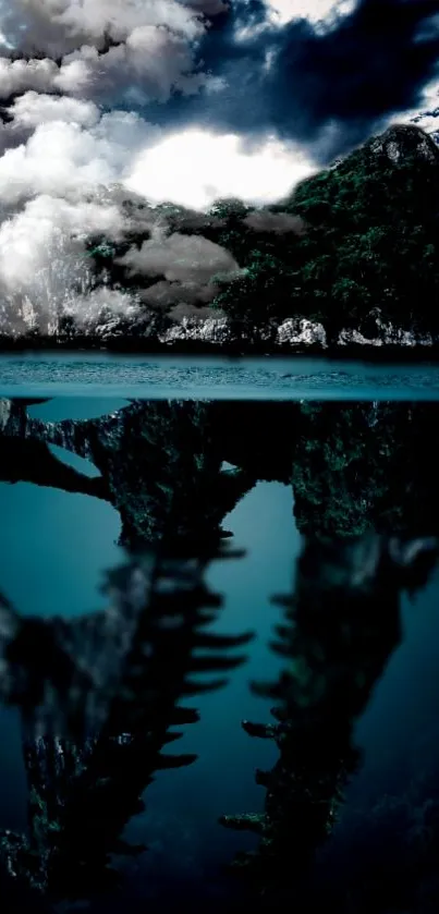 Dark cyan island with cloudy reflection over tranquil water.