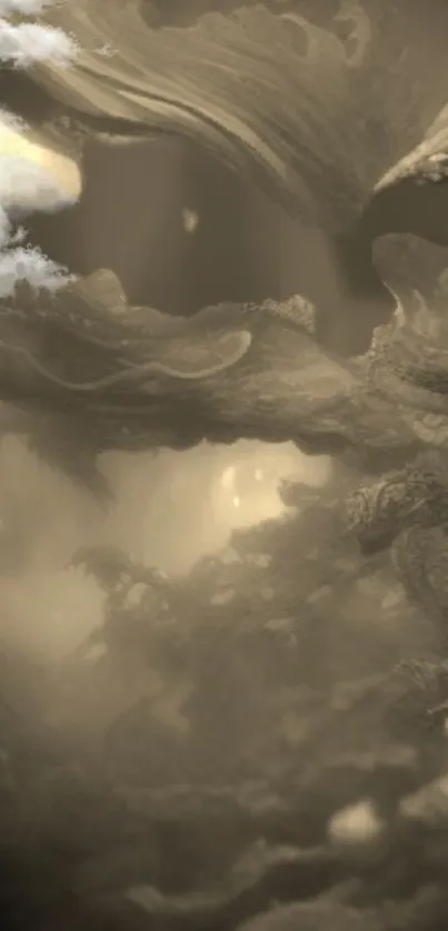 Mystical cloudy landscape with ethereal textures in warm gray tones.