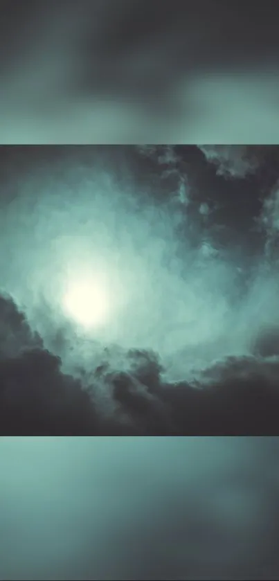 Mystical cloudy sky wallpaper with teal hues and dramatic lighting.