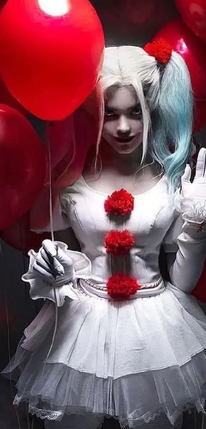 Clown with red balloons in a dark, mystical setting.