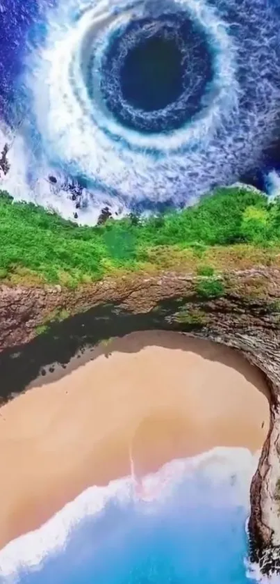 Aerial view of a mystical ocean vortex with beach and greenery.