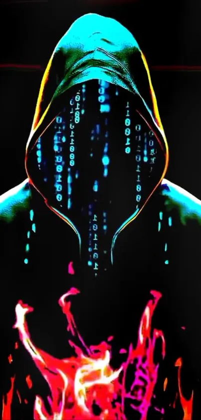 Hooded figure with digital codes and vibrant colors.