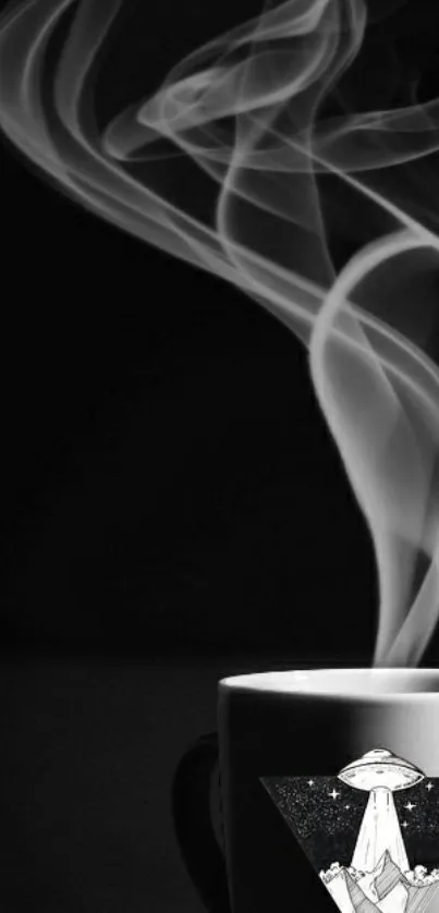 Mystical coffee cup with smoke swirl art on black background.