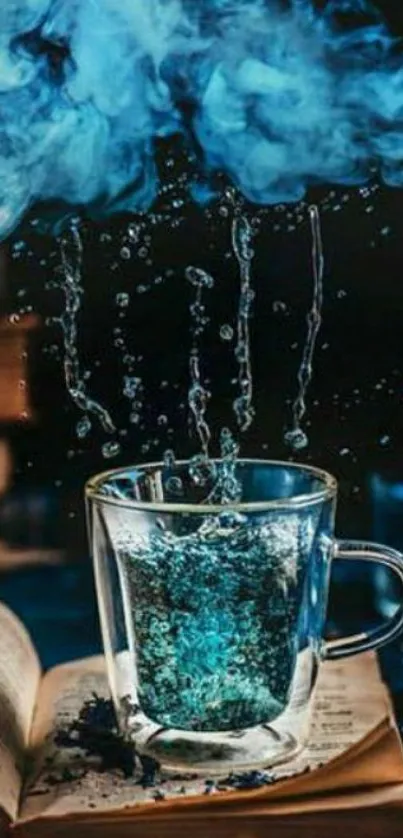 Mystical blue coffee cup with ethereal smoke on dark background.