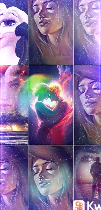 Mystical cosmic collage with vibrant colors and dreamy reflections.