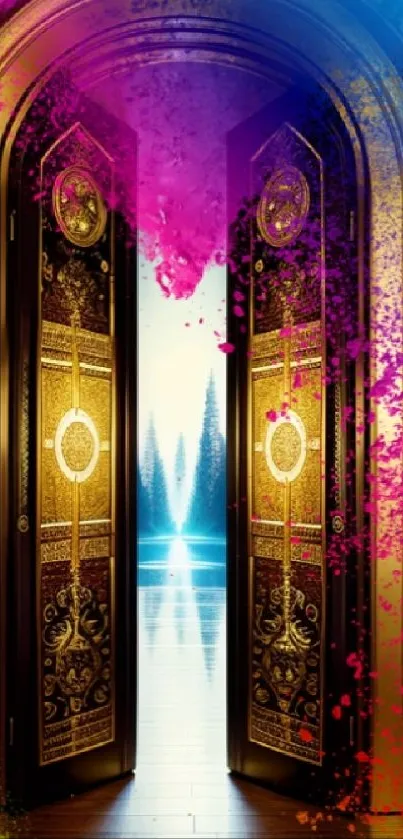 Mystical colorful doorway with vibrant hues and gold accents.