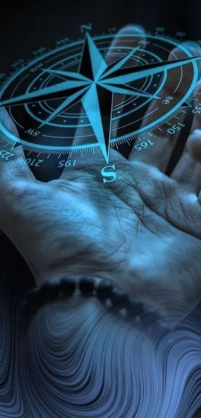 Hand holding a glowing compass on a dark background.