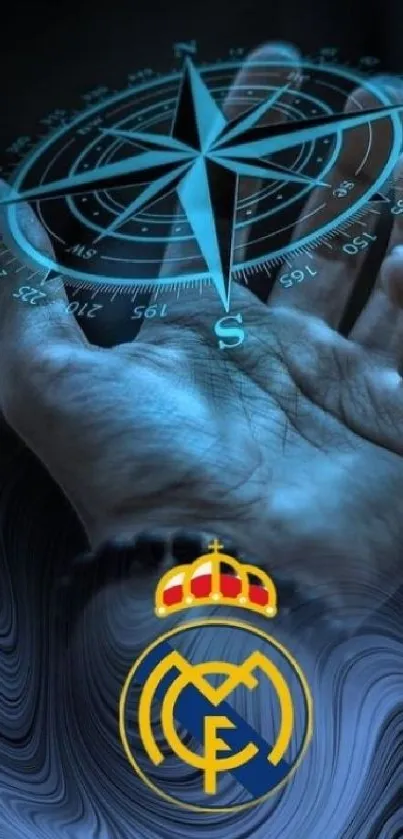 Hand holding a mystical compass with a blue theme.