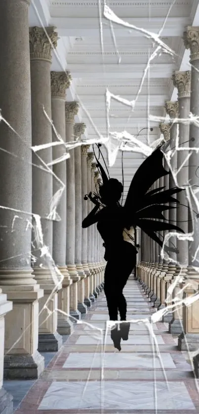 Fairy silhouette in a shattered glass corridor wallpaper.