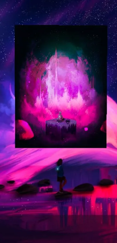 Mystical cosmic landscape with vibrant pink and purple hues.