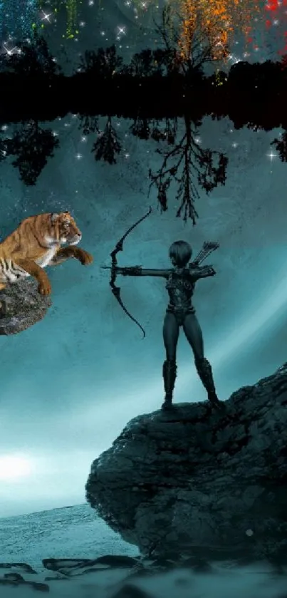 Mystical cosmic wallpaper with archer, tiger, and vibrant portal.