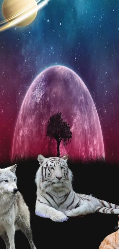 Cosmic theme with animals and planet in purple hues.