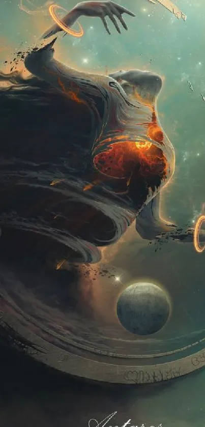 Mystical cosmic art with surreal figure and planetary elements in dark tones.