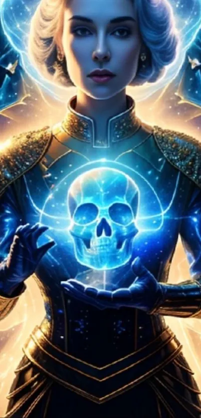 Futuristic figure with glowing skull in cosmic neon blue art.