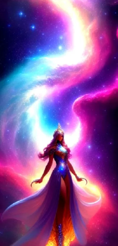 Mystical figure in vibrant cosmic galaxy art wallpaper.