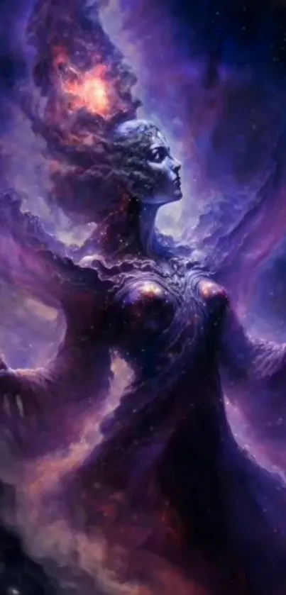 Mystical figure emerging from a purple nebula in fantasy cosmic wallpaper.