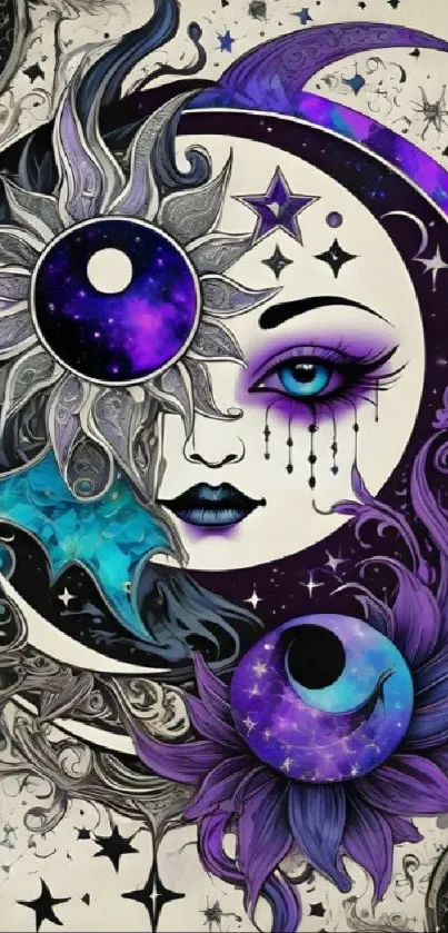 Mystical cosmic wallpaper with a celestial face and purple hues.