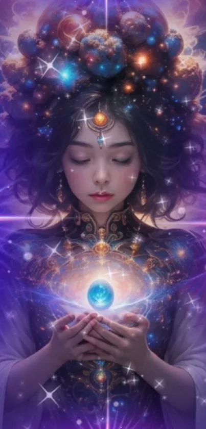 Mystical woman holding glowing orb in cosmic aura.