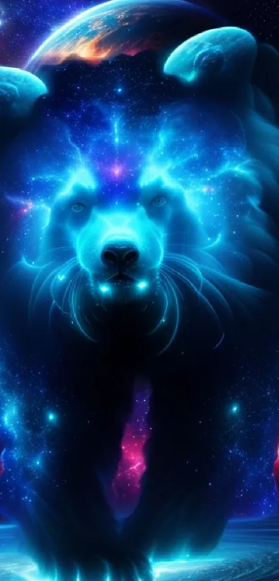 Cosmic bear glowing in shades of blue and purple with a galaxy backdrop.