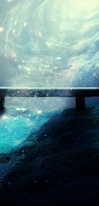 Mystical bench under a swirling galaxy sky with starry effects.