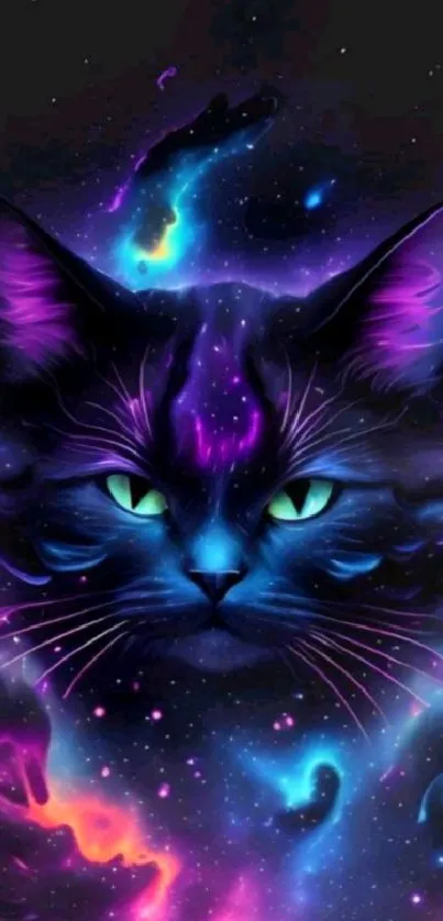 A cosmic cat with vibrant colors in a mystical space setting.