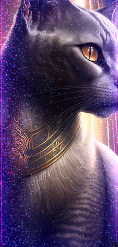 Mystical cosmic cat with glowing purple and gold hues on a phone wallpaper.