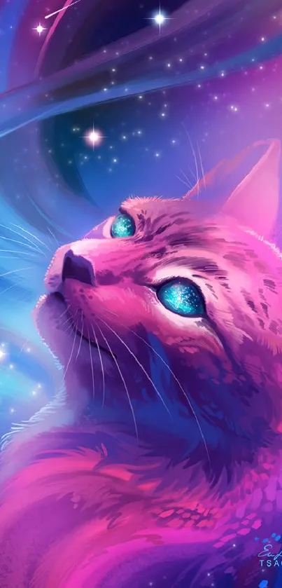 A mystical cosmic cat in vibrant colors with a galaxy and starry background.