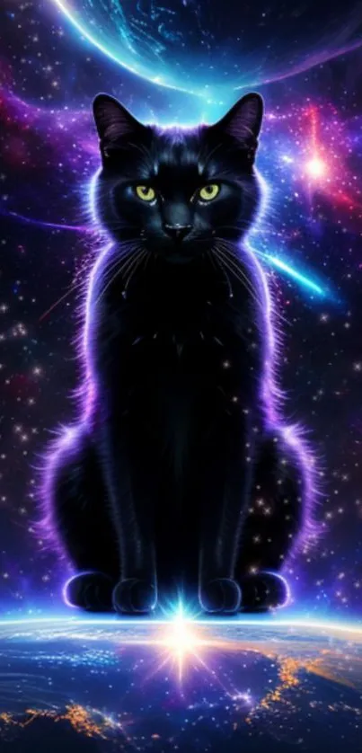 Mystical black cat sitting in a vibrant, cosmic galaxy setting.