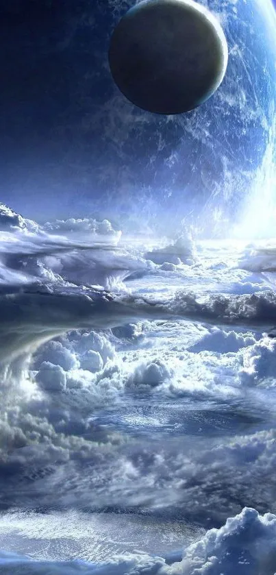 Ethereal cosmic scene with clouds and a distant planet in a blue hue.