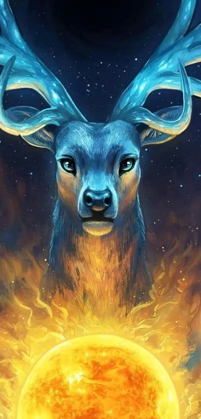 Mystical blue deer with cosmic background and fiery sun.