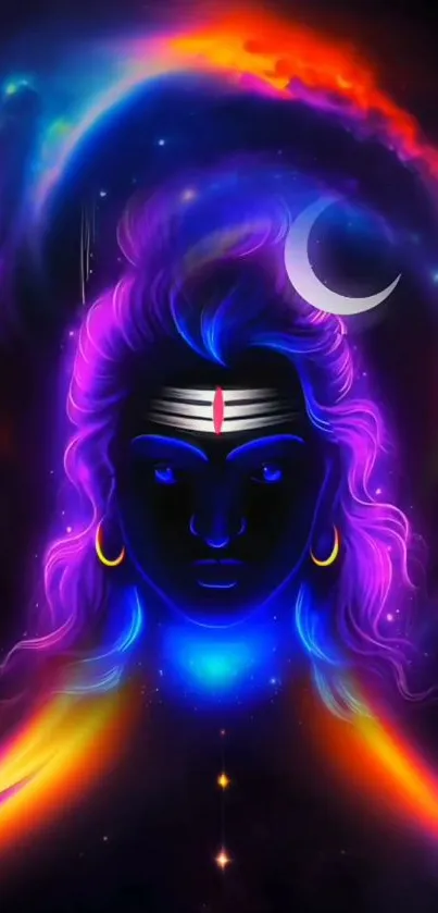 Mystical deity with vibrant cosmic backdrop.