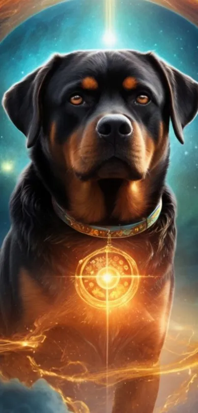 Mystical Rottweiler in cosmic setting.