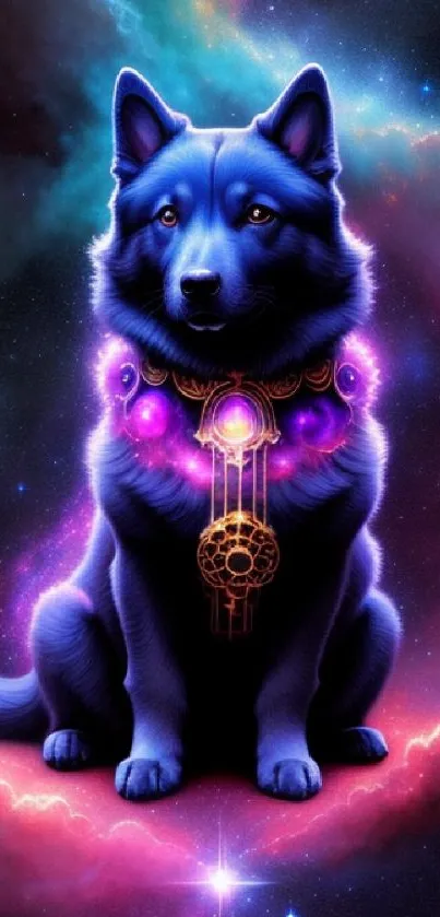 Mystical blue dog in a vibrant cosmic setting for mobile wallpaper.