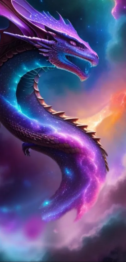 Purple dragon in a cosmic fantasy setting with vibrant colors.