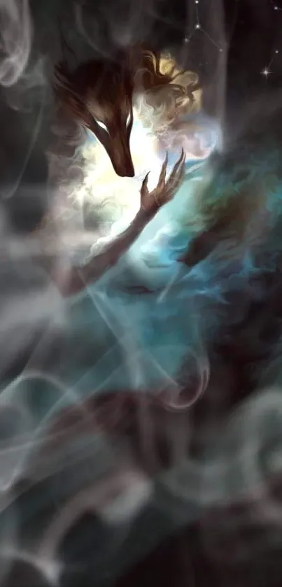 Mystical figure surrounded by swirling smoke and cosmic light wallpaper.