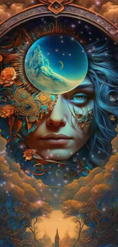 Surreal mystical woman with cosmos face and dreamscape background.