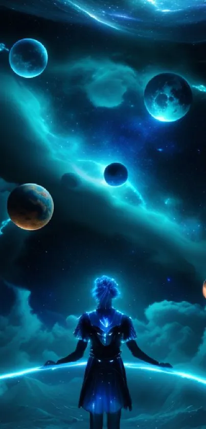 Person gazing at glowing planets and nebula in a cosmic blue dreamscape.