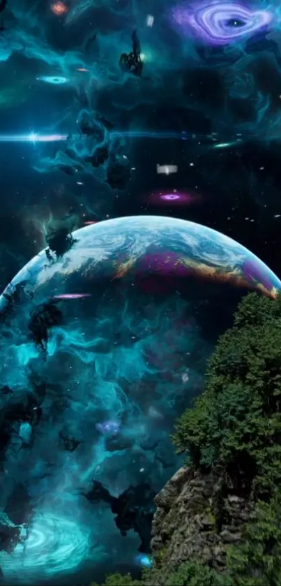 Fantasy cosmic scene with Earth and galaxy art.