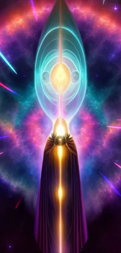 Mystical figure with cosmic energy in vibrant colors and glowing spirals.