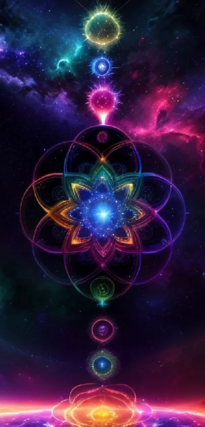 Vibrant cosmic energy art with mystical geometric patterns in space theme.